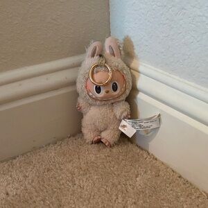 Plush Bunny Doll Keychain - Cream Faux-Fur with Gold Ring